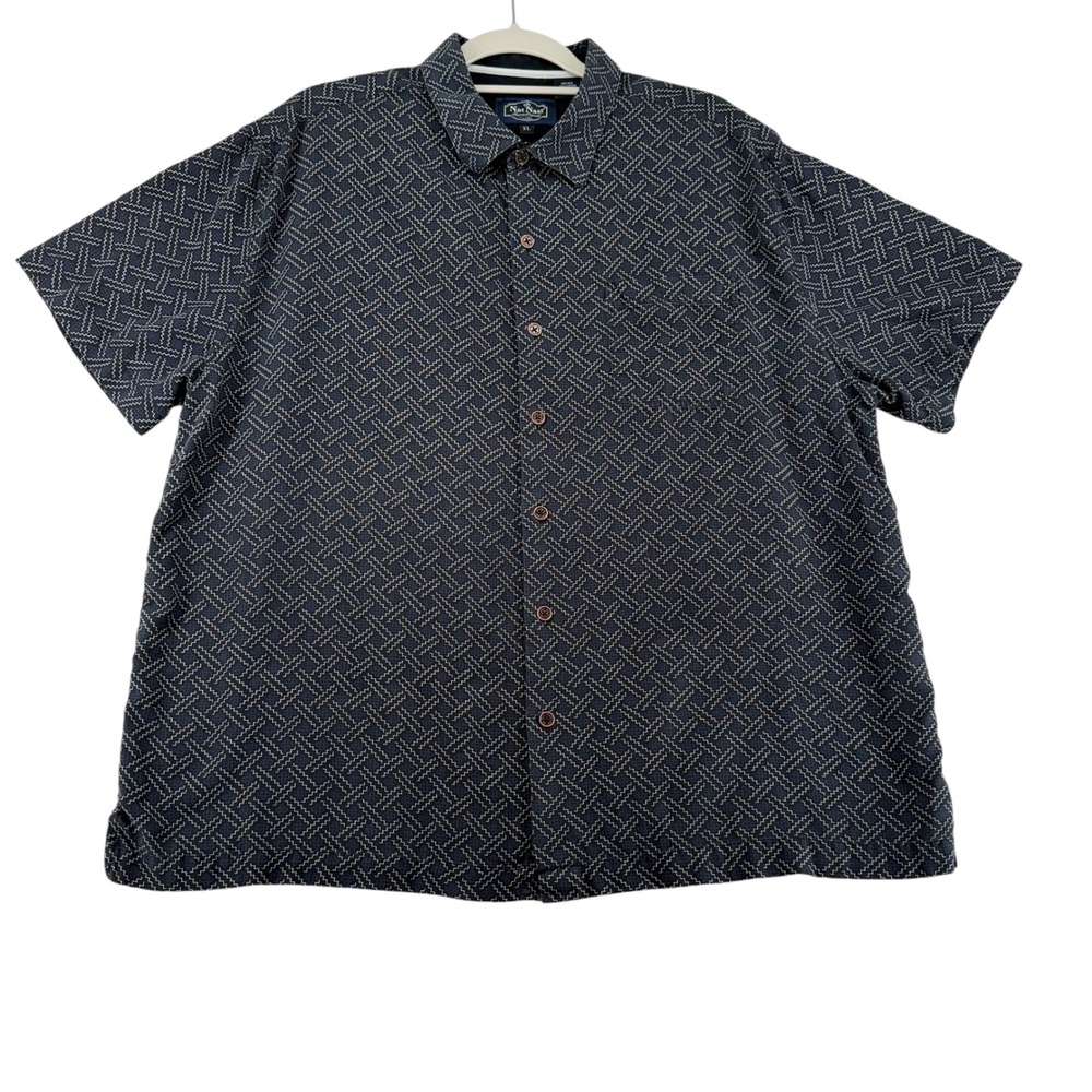 Nat Nast Short Sleeve Button Down Mens XL Navy Blue Black Silk Cotton Geometric